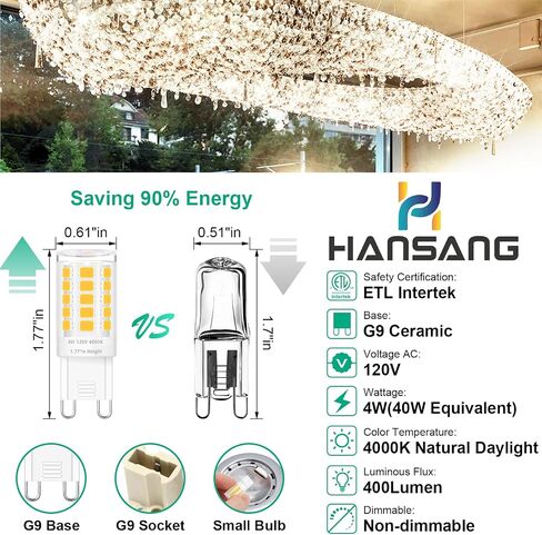 hansang 12 Pack G9 LED Bulb 2700K Soft Warm White, 4W 40 Watt Halogen Equivalent G9 Light Bulbs, Height 1.77 Inch Short T4 G9 Bin-pin Base Chandelier Light Bulbs, 400LM, AC 120V, Non-Dimmable in Saudi Arabia