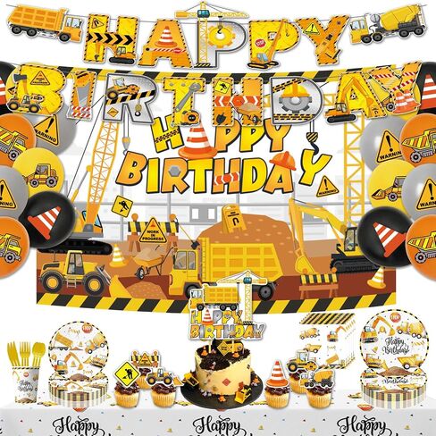 124Pcs Construction Birthday Party Supplies, Construction Party Decorations, Includes Balloon, Banner, Plates Paper, Cups, Forks, Napkins, Cake Topper, Tablecloth, Background, For Party Decor in Saudi Arabia