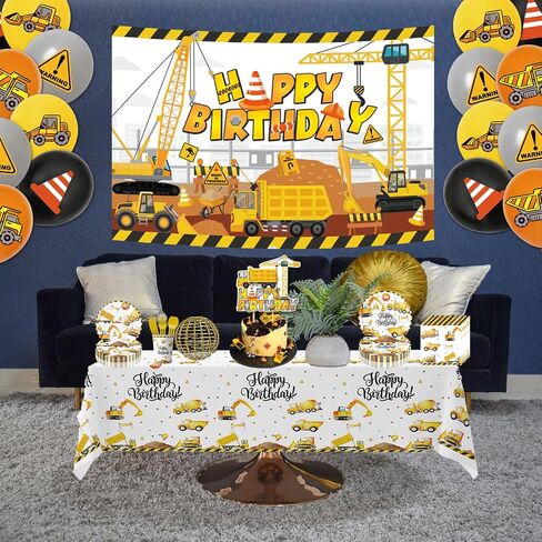 124Pcs Construction Birthday Party Supplies, Construction Party Decorations, Includes Balloon, Banner, Plates Paper, Cups, Forks, Napkins, Cake Topper, Tablecloth, Background, For Party Decor in Saudi Arabia