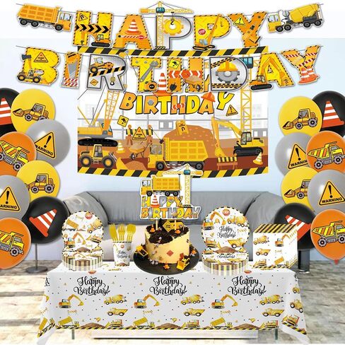 124Pcs Construction Birthday Party Supplies, Construction Party Decorations, Includes Balloon, Banner, Plates Paper, Cups, Forks, Napkins, Cake Topper, Tablecloth, Background, For Party Decor in Saudi Arabia