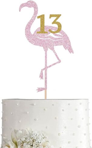 Flamingo 13th Birthday Cake Glitter Topper Tropical Hawaiian Luau Themed 13 Years Party Supplies, Decorations in Saudi Arabia