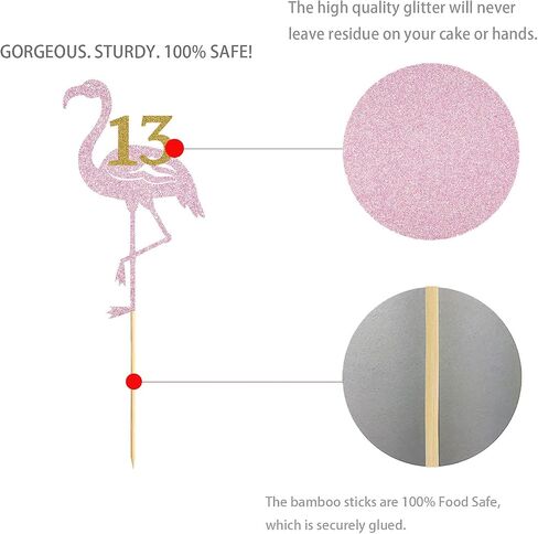 Flamingo 13th Birthday Cake Glitter Topper Tropical Hawaiian Luau Themed 13 Years Party Supplies, Decorations in Saudi Arabia