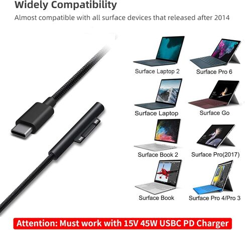 كابل شحن Surface Connect to USB-C (أسود مطفي بطول 10 أقدام)، متوافق مع Microsoft Surface Pro 10/7/6/5/4/3 Go3/2/1 Laptop4/3/2/1، يجب أن يعمل مع 45 وات 15 فولت/3 أمبير شاحن USB-C PD in Kuwait