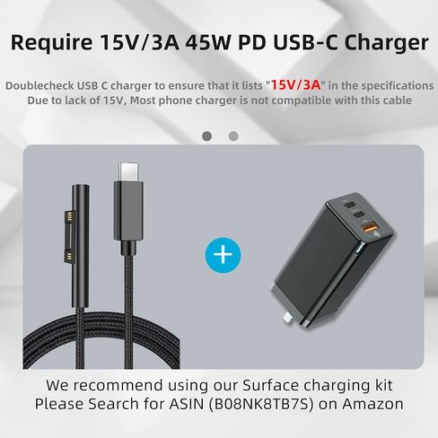 كابل شحن Surface Connect to USB-C (أسود مطفي بطول 10 أقدام)، متوافق مع Microsoft Surface Pro 10/7/6/5/4/3 Go3/2/1 Laptop4/3/2/1، يجب أن يعمل مع 45 وات 15 فولت/3 أمبير شاحن USB-C PD in Kuwait