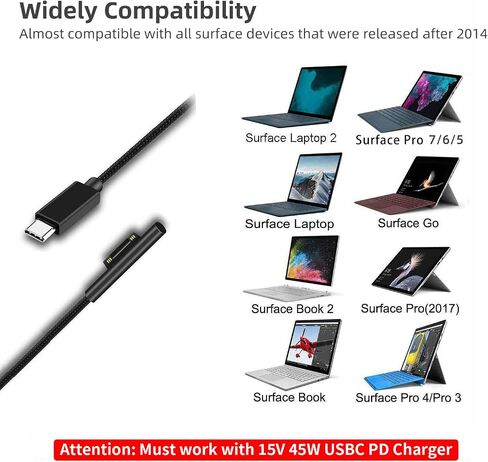 كابل شحن Surface Connect to USB-C (أسود مطفي بطول 10 أقدام)، متوافق مع Microsoft Surface Pro 10/7/6/5/4/3 Go3/2/1 Laptop4/3/2/1، يجب أن يعمل مع 45 وات 15 فولت/3 أمبير شاحن USB-C PD in Kuwait