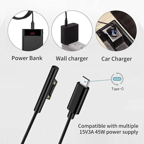كابل شحن Surface Connect to USB-C (أسود مطفي بطول 10 أقدام)، متوافق مع Microsoft Surface Pro 10/7/6/5/4/3 Go3/2/1 Laptop4/3/2/1، يجب أن يعمل مع 45 وات 15 فولت/3 أمبير شاحن USB-C PD in Kuwait