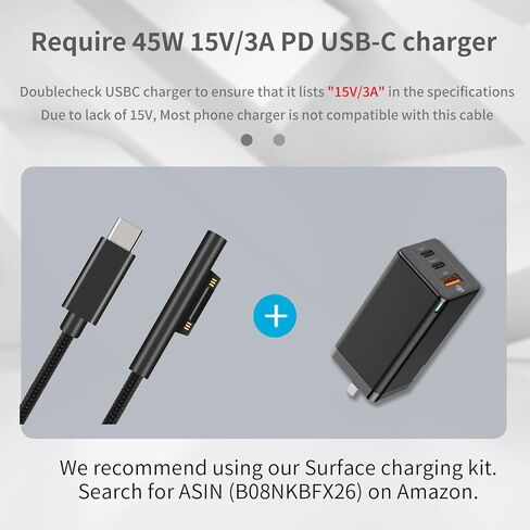 كابل شحن Surface Connect to USB-C (أسود مطفي بطول 10 أقدام)، متوافق مع Microsoft Surface Pro 10/7/6/5/4/3 Go3/2/1 Laptop4/3/2/1، يجب أن يعمل مع 45 وات 15 فولت/3 أمبير شاحن USB-C PD in Kuwait