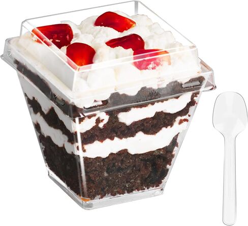 أكواب حلوى باراسيتي بوزن 2 أونصة مع أغطية وملاعق، 50 قطعة من أكواب بارفيه بلاستيكية مربعة صغيرة مع أغطية، أكواب حلوى للاستعمال مرة واحدة للكعك والفواكه in Kuwait