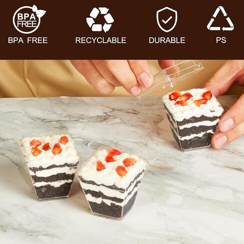 أكواب حلوى باراسيتي بوزن 2 أونصة مع أغطية وملاعق، 50 قطعة من أكواب بارفيه بلاستيكية مربعة صغيرة مع أغطية، أكواب حلوى للاستعمال مرة واحدة للكعك والفواكه in Kuwait