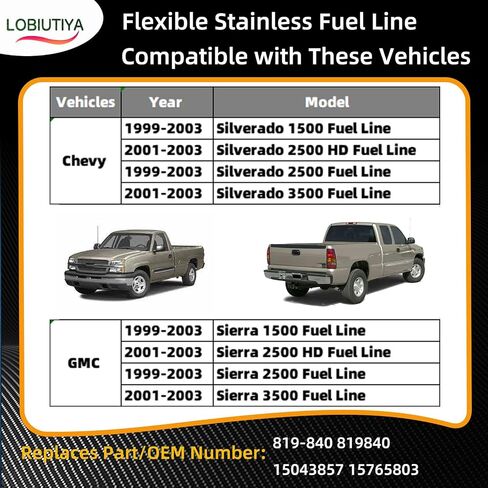 خط الوقود 819-840 متوافق مع 1999-2003 تشيفي سيلفرادو 1500 2500 HD 3500 GMC Sierra 1500 2500 HD 3500،819840 مجموعة خرطوم الوقود المرن المصنوع من الفولاذ المقاوم للصدأ OE #819-840 15043857 15765803 in Kuwait