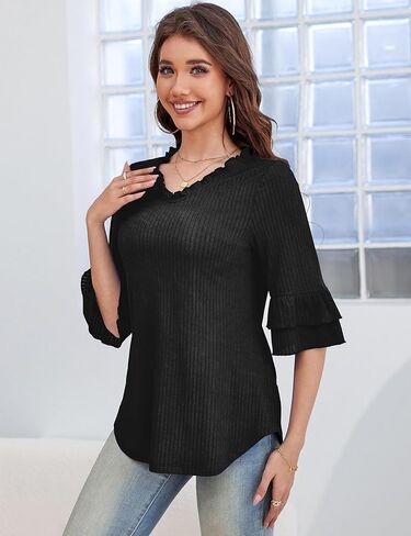 a.Jesdani Womens Plus Size Tops V Neck 3/4 Bell Sleeve Tops Frill Neck Tiered Ruffle Sleeve Shirts Casual Tunic Blouses in Saudi Arabia
