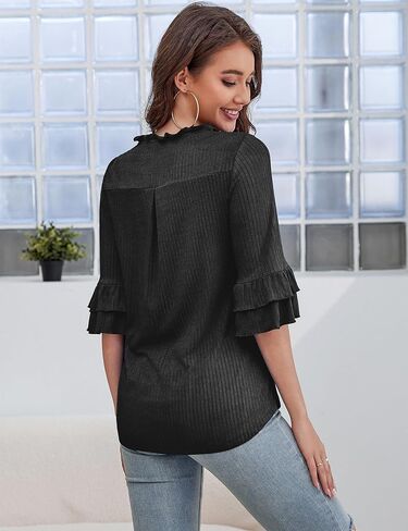a.Jesdani Womens Plus Size Tops V Neck 3/4 Bell Sleeve Tops Frill Neck Tiered Ruffle Sleeve Shirts Casual Tunic Blouses in Saudi Arabia