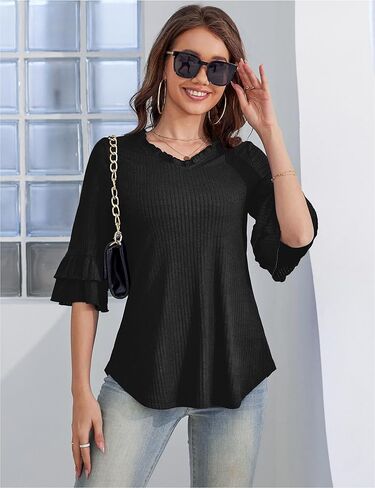 a.Jesdani Womens Plus Size Tops V Neck 3/4 Bell Sleeve Tops Frill Neck Tiered Ruffle Sleeve Shirts Casual Tunic Blouses in Saudi Arabia