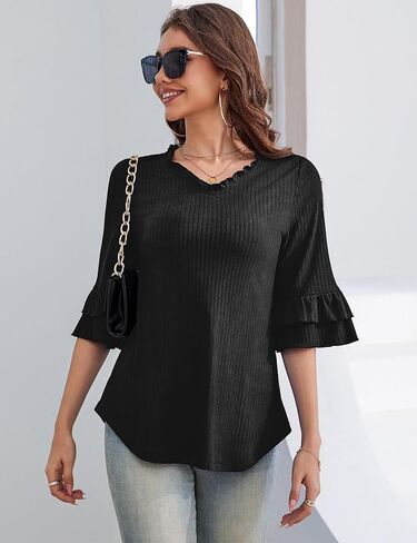 a.Jesdani Womens Plus Size Tops V Neck 3/4 Bell Sleeve Tops Frill Neck Tiered Ruffle Sleeve Shirts Casual Tunic Blouses in Saudi Arabia