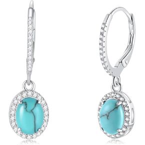 FANCIME Sterling Silver Created Turquoise Earrings Leverback Earrings Oval Halo Cubic Zirconia December Birthstone Earrings Fine Jewelry Gifts for Women