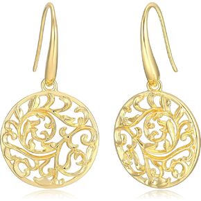 18K Yellow Gold or 14K Rose Gold Plated 925 Sterling Silver Filigree Round Flower Pendant Necklace or Drop Earrings
