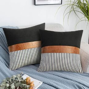 cygnus 12x20 Pillow Covers Set of 2 Farmhouse Decor Stripe Patchwork Linen Throw Lumbar Pillow Covers Modern Faux Leather Covers for Couch Sofa,Black