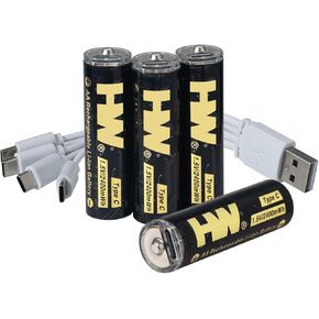 HW 4 Pack Type-C USB Rechargeable Lithium Ion AA Battery, Long Lasting and Constant Output 1.5V, 1.5H Fast Charge, Over 1000 Cycles Double a Batteries