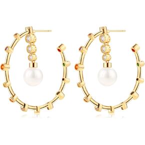 Multi-colors Large Big Crystal Rhinestone Hoop Earrings for Women 925 Sterling Silver 14K Gold Plated Pearl CZ Hoop Dangle Earrings for Women Girls