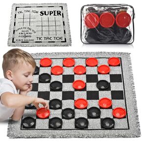 Giant Checkers Board Game Set,3 in 1 Jumbo Tic Tac Toe Game,Classic Checkers Board Game for Kids & Adults,Large Checkers Rug Game Mat,Indoor Outdoor Yard Game for Family Camping Party
