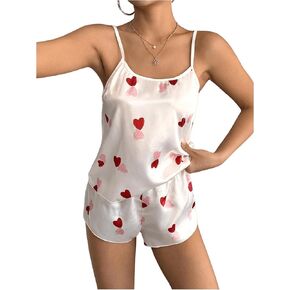 Floerns Women's Heart Print Satin Spaghetti Strap Cami Top and Shorts Pajama Set