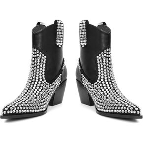 Rhinestone Cowboy Ankle Boots for Women's with Pointed Toe and Chunky Heel Design Western Cowgirl Boots Pointed Toe Glitter Party Dress Sparkly Shoes