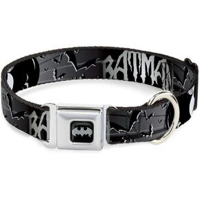 Buckle-Down Seatbelt Buckle Dog Collar - BATMAN w/Bat Signals & Flying Bats Black/White - 1" Wide - Fits 9-15" Neck - Small
