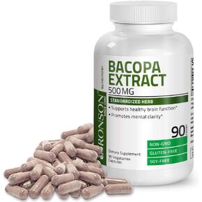 Bronson Bacopa Monnieri Extract 500 mg - Promotes Mental Clarity and Brain Function - Non GMO, 90 Vegetarian Capsules