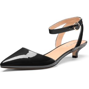 Womens Low Kitten Heel Pointed Toe Sandals Ankle Strap Slingback Pumps Buckle Casual Cute Patent Leather Summer 1.4 Inches Shoes