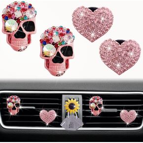 Pink Heart & Skull Air Vent Clips, 4 Pcs Bling Skeleton Car Air Fresheners Vents Clips Funny Diamond Car Interior Decor Bling Cute Car Accessories Car Decoration for Women +Sunflower Mask Hook