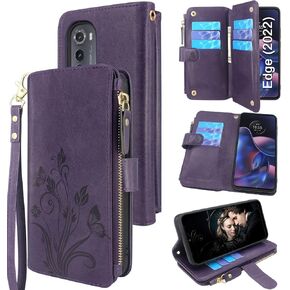 Lacass [Cards Theft Scan Protection 10 Card Slots Holder Zipper Pocket Wallet Case Flip Leather Cover with Wrist Strap Stand for Motorola Edge 2022 /Moto Edge 5G UW 2022 Case (Floral Cyan)