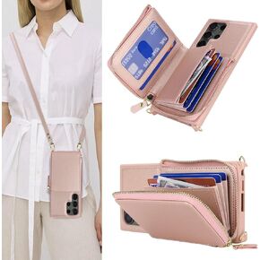 for Samsung Galaxy S23 Ultra Case with Card Holder for Women, for Galaxy S23ultra Crossbody Wallet Case with Cross Body Chain,Zipper Case Cover with Lanyard for Samsung S23 Ultra -Black