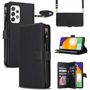 iCoverCase for Samsung Galaxy A32 5G Wallet Case with Card Holder for Women, Crossbody Lanyard Strap Kickstand PU Leather Case with Zipper Pocket Credit Card Slots Cover (Black)