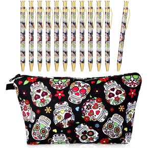 TaoBary 12 Pcs Sugar Skull Pens with Pencil Case Ballpoint Pens Retractable Click Ball Sugar Skull Gifts Pouch with Zipper Cinco De Mayo School Student Office Supplies Gift for Christmas Halloween