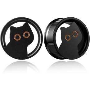 2 PCS Black gauges cute cat Ear Tunnels Plugs 316 Stainless Steel Ear Weight Plugs Hypoallergenic expander Piercing Body Jewelry women and men