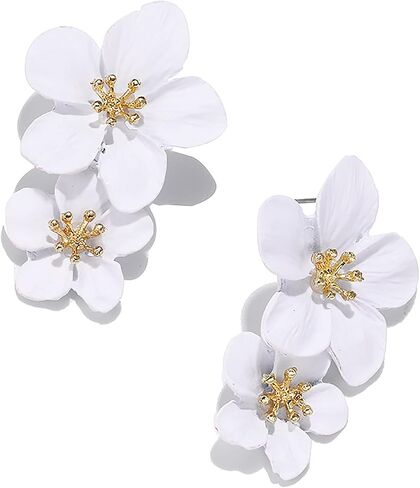 Bohemian Long Double Daisy Flower Drop Dangle Earrings Matte Floral Petal Layered Tiered for Women Summer Wedding Jewelry in Saudi Arabia