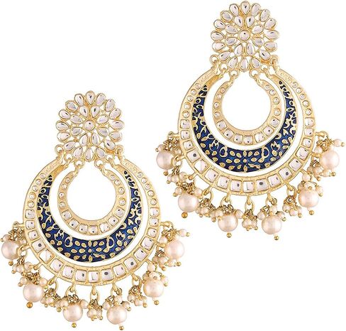 Aheli أنيق تقليدي Chandbali أقراط الزفاف الهندي الزفاف بوليوود مجوهرات الأزياء للنساء الأزرق in Saudi Arabia
