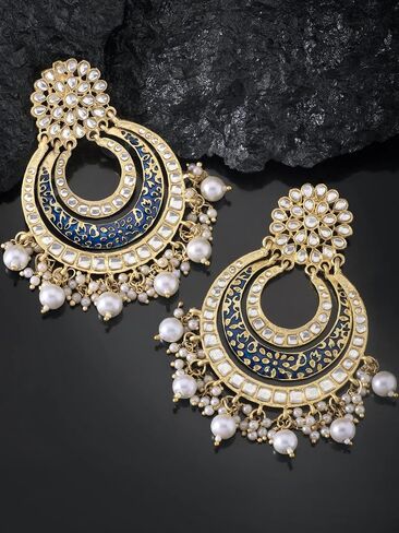 Aheli أنيق تقليدي Chandbali أقراط الزفاف الهندي الزفاف بوليوود مجوهرات الأزياء للنساء الأزرق in Saudi Arabia