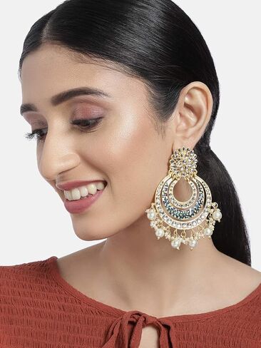 Aheli أنيق تقليدي Chandbali أقراط الزفاف الهندي الزفاف بوليوود مجوهرات الأزياء للنساء الأزرق in Saudi Arabia