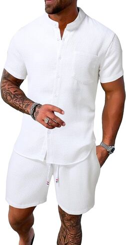 Floerns Men's 2 Pieces Shirts Set Casual Button Down Short Sleeve T-Shirts Shorts Sets in Saudi Arabia