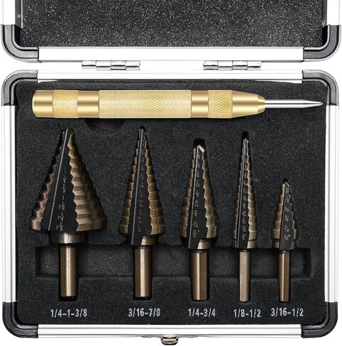 مجموعة لقم مثقاب مكونة من 5+1 قطعة، لقم خطوة فولاذية عالية السرعة مع ثقب مركزي تلقائي/علبة من الألومنيوم، مجموعة لقم ثقب مخروطية من التيتانيوم مقاس 50 لثقوب الحفر in Kuwait
