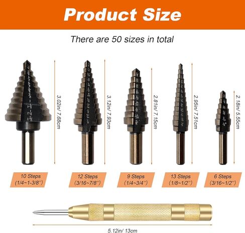 مجموعة لقم مثقاب مكونة من 5+1 قطعة، لقم خطوة فولاذية عالية السرعة مع ثقب مركزي تلقائي/علبة من الألومنيوم، مجموعة لقم ثقب مخروطية من التيتانيوم مقاس 50 لثقوب الحفر in Kuwait