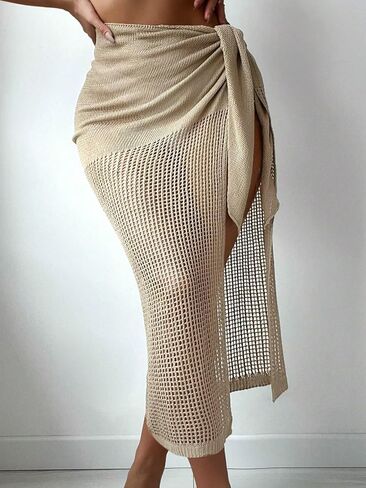 OYOANGLE Women's Crochet Sheer Swimsuit Cover Up Hollow Out Tie Side Long Beach Skirt in Saudi Arabia