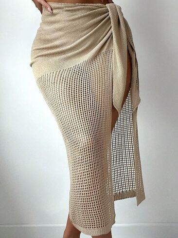 OYOANGLE Women's Crochet Sheer Swimsuit Cover Up Hollow Out Tie Side Long Beach Skirt in Saudi Arabia