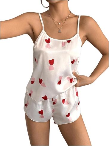 Floerns Women's Heart Print Satin Spaghetti Strap Cami Top and Shorts Pajama Set in Saudi Arabia