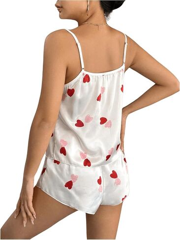 Floerns Women's Heart Print Satin Spaghetti Strap Cami Top and Shorts Pajama Set in Saudi Arabia