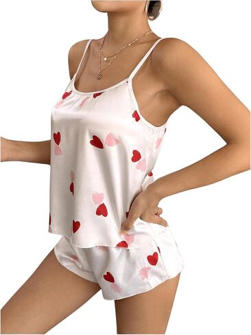 Floerns Women's Heart Print Satin Spaghetti Strap Cami Top and Shorts Pajama Set in Saudi Arabia