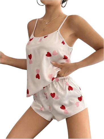 Floerns Women's Heart Print Satin Spaghetti Strap Cami Top and Shorts Pajama Set in Saudi Arabia
