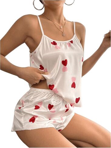 Floerns Women's Heart Print Satin Spaghetti Strap Cami Top and Shorts Pajama Set in Saudi Arabia