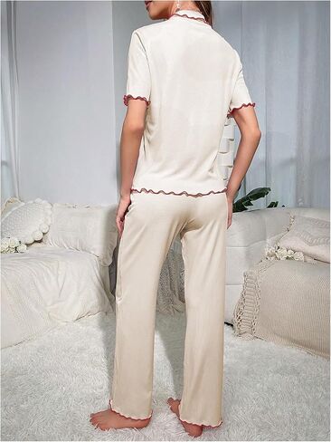 MakeMeChic Women's Summer Pajamas Two Piece Loungewear Set Lettuce Trim Short Sleeve Button Down Shirts Pants PJ Sets in Saudi Arabia